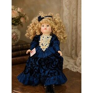 Vintage Porcelain Doll in Royal Blue Victorian Dress with Curly Blonde Hair...